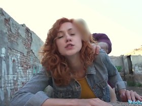 public agent sexy redhead waitress sucks cock and gets fucked doggystyle outside in public